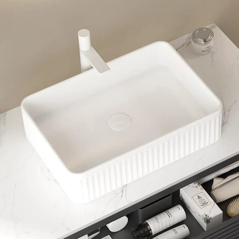 20'' Rectangular Vessel Ceramic Bathroom Sink without Faucet, Striped, White, top view on vanity counter.