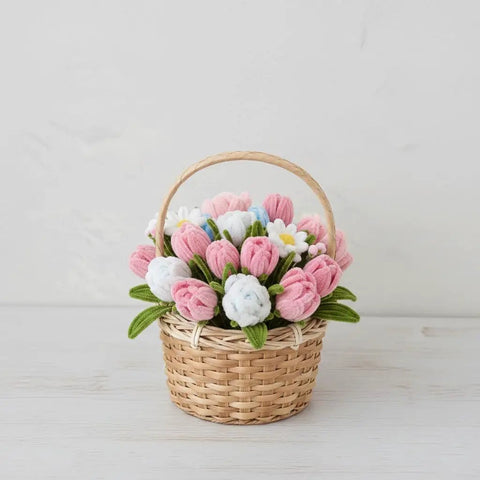 Heavy Duty Multicolor Chenille Stems for Flower Making and DIY Crafts 400 Count Thick Pipe Cleaners for Sturdy DIY Flowers Home Decor Kids And Adults Art Projects Blue woven basket of pink and white chenille flowers