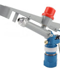 Heavy Duty Zinc Alloy 1 Inch Nozzle Gun With 360 Degree Adjustable Rotating Sprayer For High Pressure Garden Irrigation and Lawn Watering System, shown from side view.