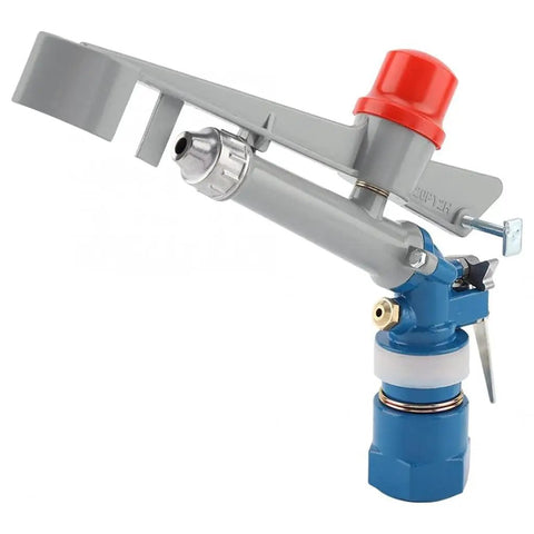Heavy Duty Zinc Alloy 1 Inch Nozzle Gun With 360 Degree Adjustable Rotating Sprayer For High Pressure Garden Irrigation and Lawn Watering System, shown from side view.
