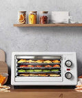 Zero Stress Dehydration Game Changer With Stackable Bins And Smart Temp Settings For Fruits Veggies Beef Jerky Greens And Pup Snacks 11L Size 48 Hr Countdown Timer, white digital food dryer with stacked trays.