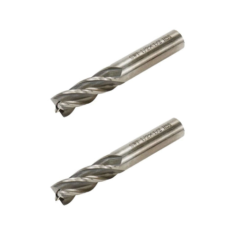Two 1/2 in square end mills with 1/2 in shanks, 4-flute HSS straight cutters