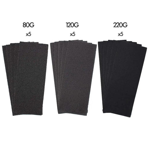 Pro Grade Dry And Wet Sandpaper Set 9x3.6 Inch 15 Piece Kit With 80 120 And 220 Grit, showing arranged sandpaper sheets.