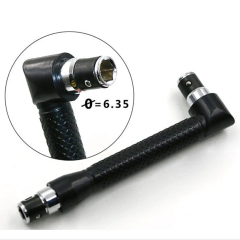 Heavy Duty Dual End Socket Wrench With 1/4 Hex Drive And Extended L Handle Forged From Toughened Steel For Grease Monkey Crews Demanding Iron Grip On Rusted Fasteners And Cramped Engine Bays close-up showing hex drive and rubber grip.