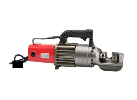 Portable Electric Hydraulic Rebar Cutter RC-20B fast cutting handheld tool with steel blade and red casing for construction sites.