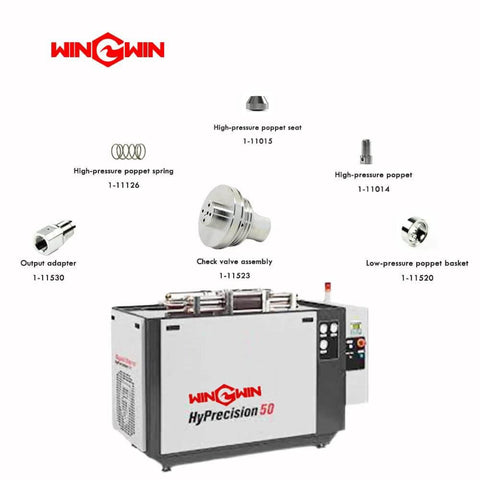 Water jet spare parts set for WinWin HyPrecision 50, including poppet seat, spring, poppet, adapter, and check valve.