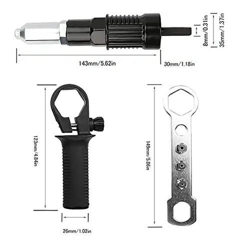 Electric Rivet Gun Attachment Kit For Drill With Four Rivet Heads 2.4mm 3.2mm 4.0mm 4.8mm, black and metal kit parts with measurements