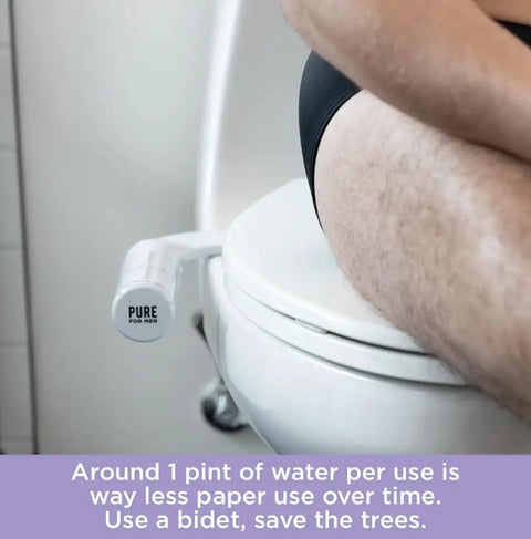Side view of a toilet with a man sitting, showcasing the Man Friendly Bidet Toilet Seat Attachment With Dual Self Cleaning Nozzles.