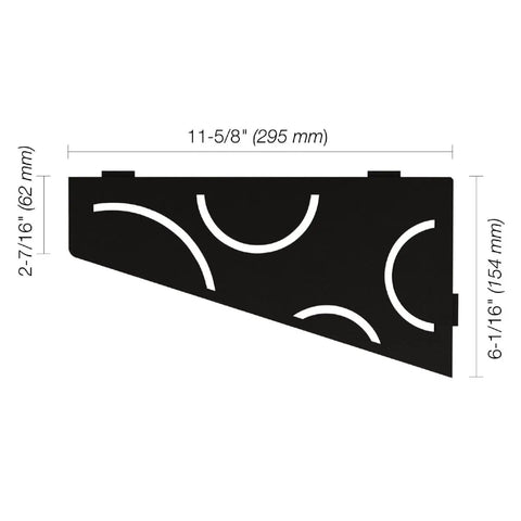 Quadrilateral Corner Shelf For Tiled Walls With Curve Design, Aluminum Construction, Matte Black Finish, dimensions labeled