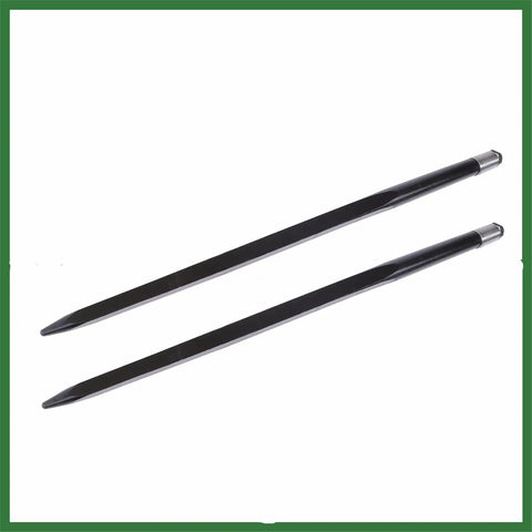 Beefy Heavy Duty Two Pack 49 Inch Hay Bale Forks for Tractor Loaders with 4500 Pound Capacity in black steel, side view