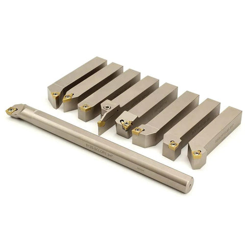 Heavy Duty Nickel Plated Indexable Tool Holder Set With Three Quarter Inch Shank Nine Piece CNC Lathe Tool Holders And Boring Bar