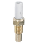 Close-up engine coolant temperature sensor with brass threaded body and white plastic connector.