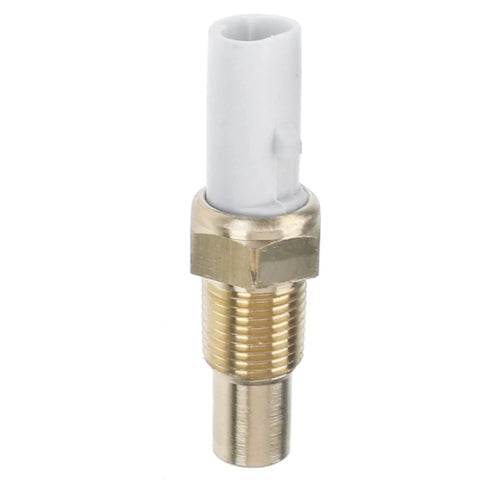 Close-up engine coolant temperature sensor with brass threaded body and white plastic connector.