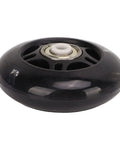 Close-up of a single black 69mm inline skate wheel with PU rubber and ABEC 9 bearing for outdoor skates.