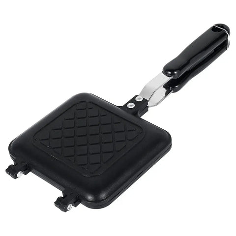 Durable Aluminum Grilled Sandwich Maker For Stovetop Use. Non-Stick Toastie Press Grill with black handle and textured cooking surface.