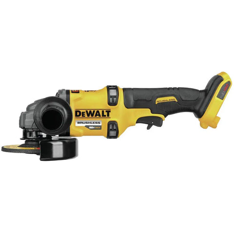 FlexVolt 60V Max Cordless Angle Grinder With Kickback Brake, 4-1/2 To 6 Inch, Tool Only, side view, black and yellow design