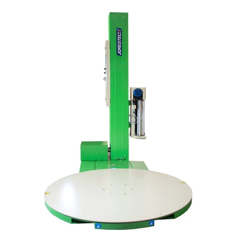 Heavy Duty Turntable Pallet Stretch Wrapper Equipped With Powered Pre Stretch Motor And Dual Spiral Wrapping Modes side view with flat rotating base.