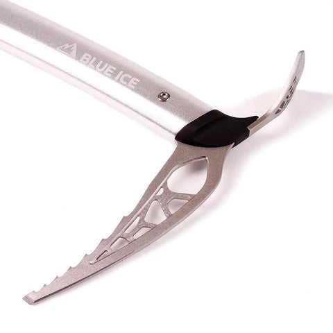 Close-up of Hummingbird Ice Axe For Ski Mountaineering Ultra Lightweight Titanium Head Aluminum Shaft Ergonomic Grip And Fast Swing Snow Anchor