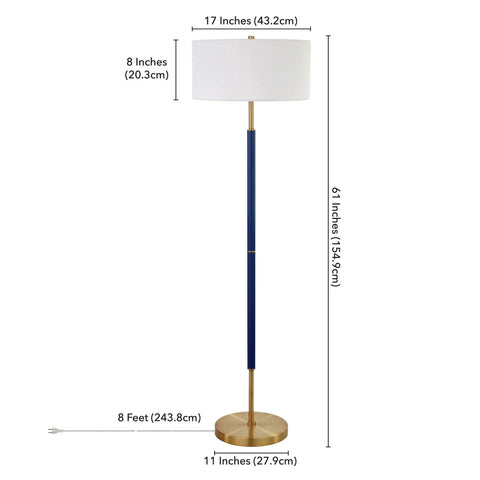 Two Light Floor Lamp With Fabric Drum Shade In Blue Brass White, 61 Inch Tall Standing Lamp For Living Room Office Or Bedroom