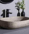 USZWBY Round Bathroom Vessel Sink - Modern Countertop Washbasin for Indoor & Outdoor Use Stylish Household Vanity Basin for Balcony & Bathroom - Durable & Easy to Clean, oval beige basin with black faucet.