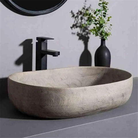 USZWBY Round Bathroom Vessel Sink - Modern Countertop Washbasin for Indoor & Outdoor Use Stylish Household Vanity Basin for Balcony & Bathroom - Durable & Easy to Clean, oval beige basin with black faucet.