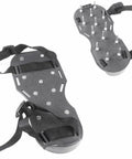 One Size Fits All Spike Lawn Shoes For Aeration Garden Yard Patio Work With Easy Strap Fit Durable Green Polypropylene Construction Built To Take A Beating For Lawn Epoxy Floor And Outdoor Landscaping Projects, shown with visible spikes and adjustable straps.