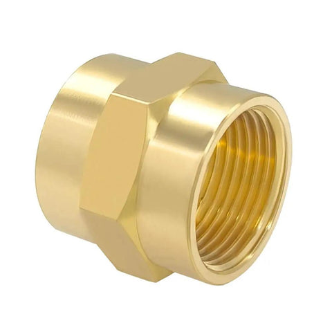 Brass Three Quarter Inch NPT Female Hex Coupler Nipples For Quick Pipe Connections, close-up of brass fitting detail.