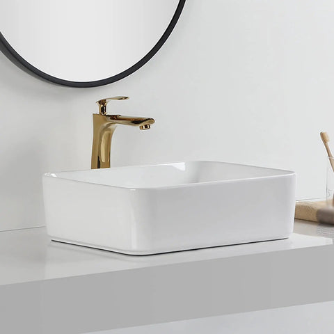 USZWBY Bathroom Vessel Sink Bathroom Vessel Sink, Geometry Artistic White Ceramic Sink Bowl on countertop with modern faucet.