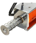 Close-up of Rock Solid 12V DC Solenoid Starter with 35mm long stroke, push-pull open frame design for reliable mechanical startup and actuation.