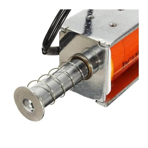 Close-up of Rock Solid 12V DC Solenoid Starter with 35mm long stroke, push-pull open frame design for reliable mechanical startup and actuation.