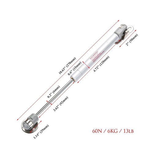 Four Pack Brass Core Gas Spring Hinge For Kitchen Cabinets, hydraulic door lift assist with measurements and white finish.