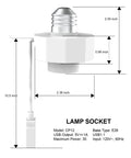 Diagram of One Stop Outdoor Camera Power Socket With USB Charging Station, showing dimensions and E26 lamp socket.