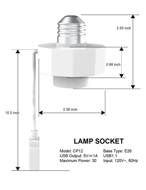 Diagram of One Stop Outdoor Camera Power Socket With USB Charging Station, showing dimensions and E26 lamp socket.