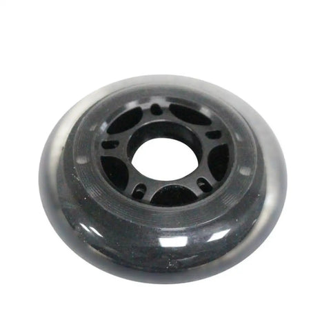 Single black wheel from the 8 Pack Inline Skate Wheels Set 76mm 80mm 90mm 100mm 110mm With Bearings 85A Hardness For Indoor Outdoor Use Durable Replacement Wheels Great For Street Cruising And Park Spins