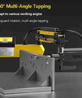Heavy Duty Electric Tapping Machine M3 To M16 With 360 Degree Adjustable Arm And Eight Piece Collet Set For Steel Aluminum Cast Iron Thread Cutting Precision Work in use on steel piece.