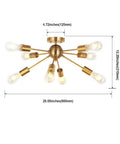 8 Light Sputnik Chandelier Brass Semi Flush Mount Ceiling Light Modern Pendant Lighting Mid Century Starburst Style Lit Ambience Perfect For Kitchen Dining Room And Bedroom Dimmable Prewired Easy Installation, 26-inch diameter with dimensions shown.