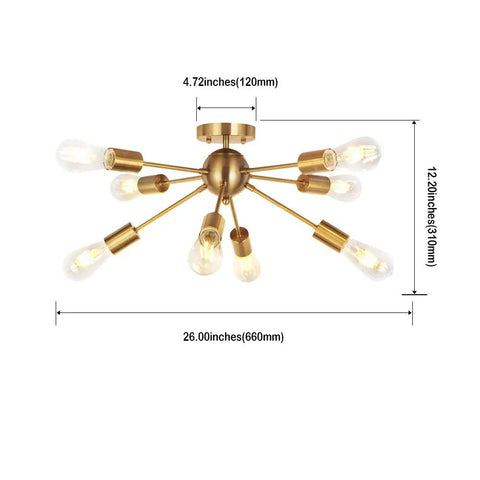 8 Light Sputnik Chandelier Brass Semi Flush Mount Ceiling Light Modern Pendant Lighting Mid Century Starburst Style Lit Ambience Perfect For Kitchen Dining Room And Bedroom Dimmable Prewired Easy Installation, 26-inch diameter with dimensions shown.