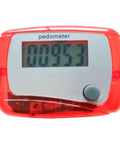 Red Portable Mini Digital LCD Pedometer That Tracks Steps Distance Calories Burned Exercise Time And Daily Target With Accurate Sensor Tech For Walking Running And Fitness On The Go, red plastic front view