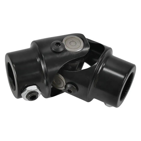 Beefed Up 13/16-36 Spline X 3/4 DD Universal Joint, 83mm Length (3-1/4 In), 40Cr Steel, High Strength U Joint For Steering, Up To 4000 RPM, 35 Degree Working Angle, Ideal For Off Road And Performance Vehicles close-up black steel universal joint