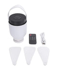 Dpofirs USB Rechargeable Ceiling Fan with LED Lamp, Remote Controlled, white fan body, remote, three blades, charging cable.