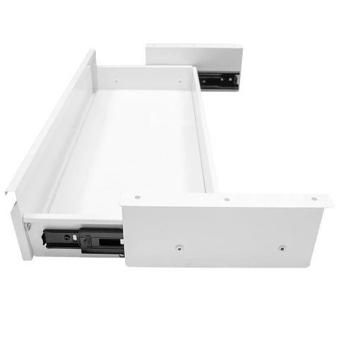 Slick 22 Inch Under Mount Desk Drawer Slide Out Kit, sleek white storage drawer with slide rails for easy access beneath desks.