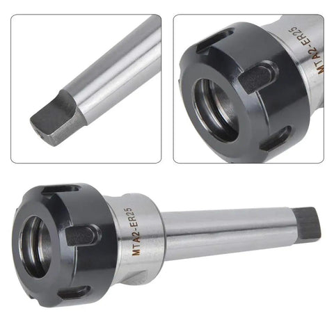 MT2 Morse Spindle Taper Shank with UM Thread ER25 collet chuck holder, close-up of clamping end with MTA2 ER25 marking