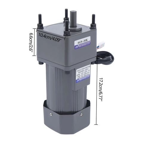 110V gear reduction motor, 200W, 30K with speed controller; grey metal body, vertical shaft, mounting studs
