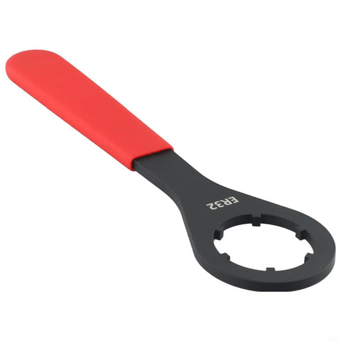 Get That ER32 Collet Chuck Wrench Spanner Tight With High Strength Steel O Type Tool For CNC Milling And Lathe Machines Red Black Finish. Close-up of spanner tool with a red handle.