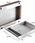 Big League Stainless Steel Espresso Knock Box With A Roomy Detachable Drawer And Integrated Tamping Station showing open tray dimensions.