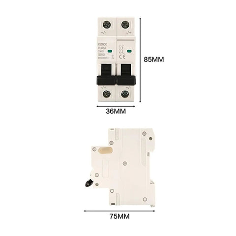 Heavy Duty 2P DC Mini Circuit Breaker Rated 600V with dimensions 85MM x 36MM x 75MM for Solar PV Systems.
