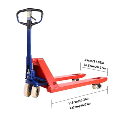 Heavy Duty Manual Pallet Truck Slams 8 Ton Loads With Rock Solid Hydraulic Power, compact design with ergonomic handle and casters.