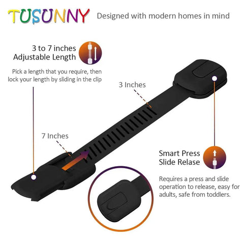 Six Pack Baby Proof Cabinet Locks With 3M Adhesive No Drilling Adjustable Child Safety Straps showing adjustable length and smart release