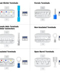 Image showcasing interchangeable dies for the 6 In 1 Ratchet Crimping Tool Kit With Interchangeable Dies For Heat Shrink, Insulated And Non Insulated Ferrule Open Barrel Connectors, Pro Grade Wire Crimper For 22 10 AWG, A Handy Gift For Men, including dies for heat shrink, ferrule, and open barrel terminals.
