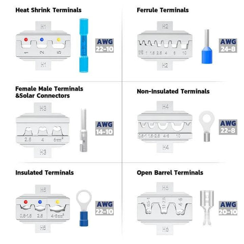 Image showcasing interchangeable dies for the 6 In 1 Ratchet Crimping Tool Kit With Interchangeable Dies For Heat Shrink, Insulated And Non Insulated Ferrule Open Barrel Connectors, Pro Grade Wire Crimper For 22 10 AWG, A Handy Gift For Men, including dies for heat shrink, ferrule, and open barrel terminals.
